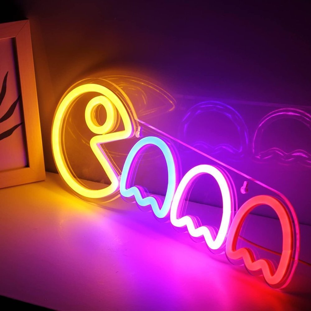 Neon Retro Pac Man LED Gamer Man Cave Cartoon Teen/Boys Room Wall Light Decor - Picture 2 of 6